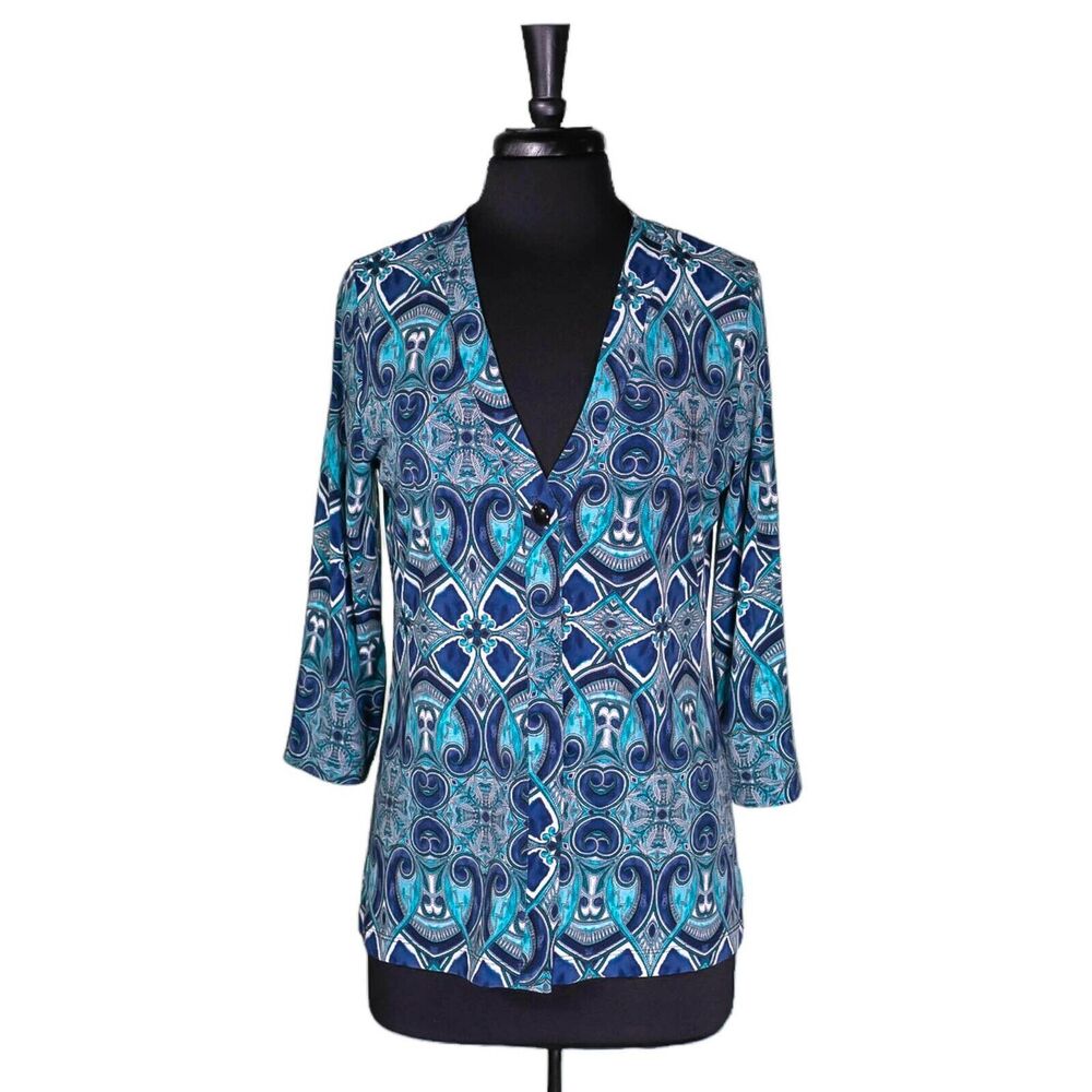 Chico's Easywear Women's Cardigan Blue Abstract Geometric Stretch Button 0 S/4
